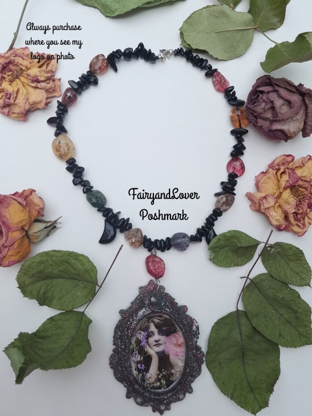 Gypsy cameo art nouveau tumble beaded topaz gemstone necklace, fairy accessory
